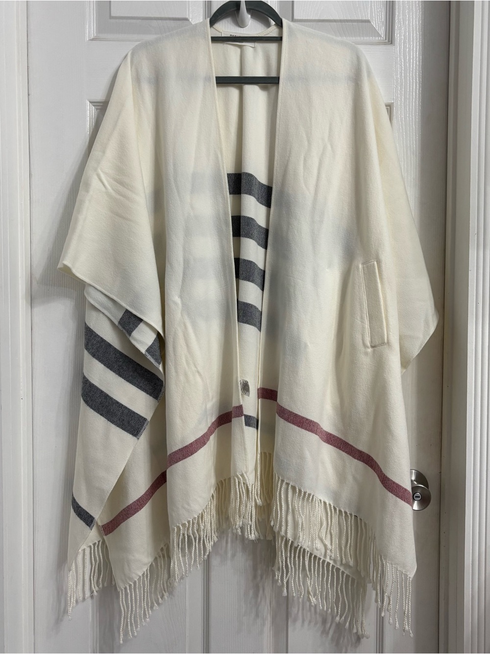 Mer Sea Cream Fringe Stripe Wrap Poncho One Size Cozy